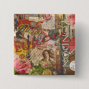 European Travel Print Art London Rome Paris 15 Cm Square Badge