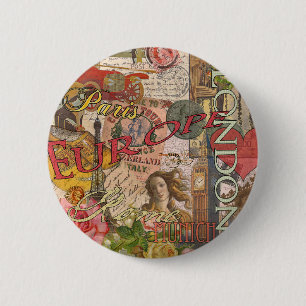 European Travel Print Art London Rome Paris 6 Cm Round Badge