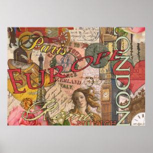 European Travel Vintage London Rome Paris Poster