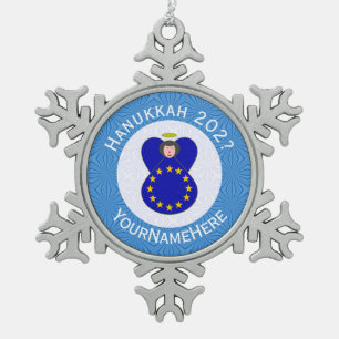 European Union Angel Hanukkah Flag Personalised Snowflake Pewter Christmas Ornament