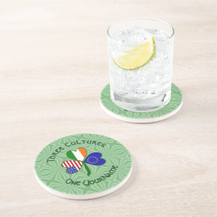 European Union Irish American Flags Shamrock Name Coaster