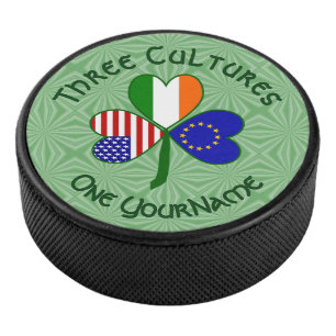 European Union Irish USA Shamrock Flag Personalise Hockey Puck