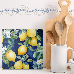 European Watercolor Lemons Pattern Navy Ceramic Tile