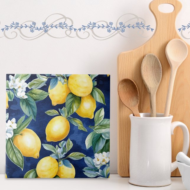 European Watercolor Lemons Pattern Navy Ceramic Tile (Creator Uploaded)