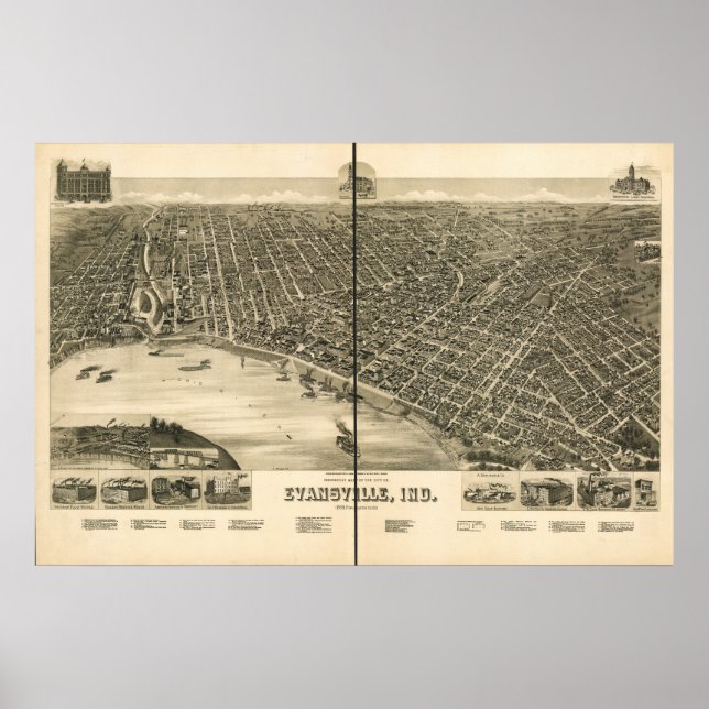 Evansville Indiana 1888 Antique Panoramic Map Poster (Front)