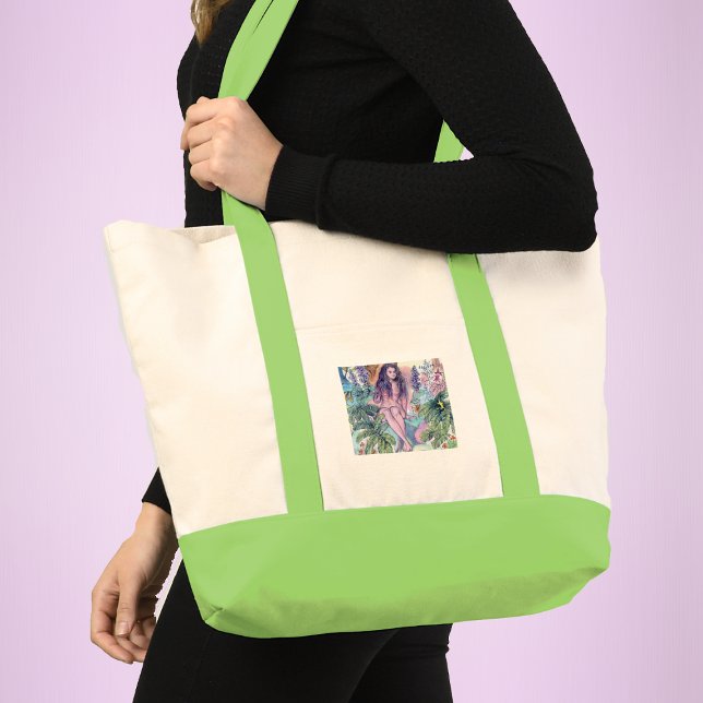 Eve With snake Apple Garden of Eden Tote Bag (Vintage image of Eve sitting in the garden of Eden on tote bag with green accents.)