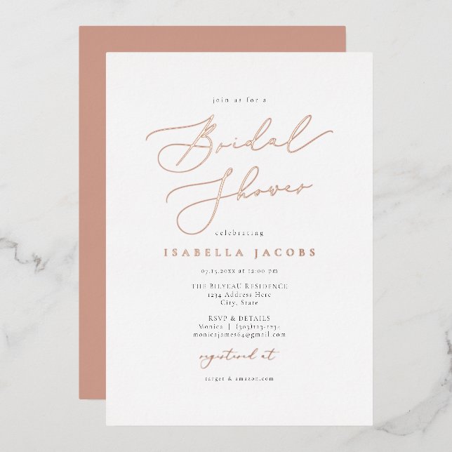 EVELYN Elegant Script Rose Gold Foil Bridal Shower (Front/Back)
