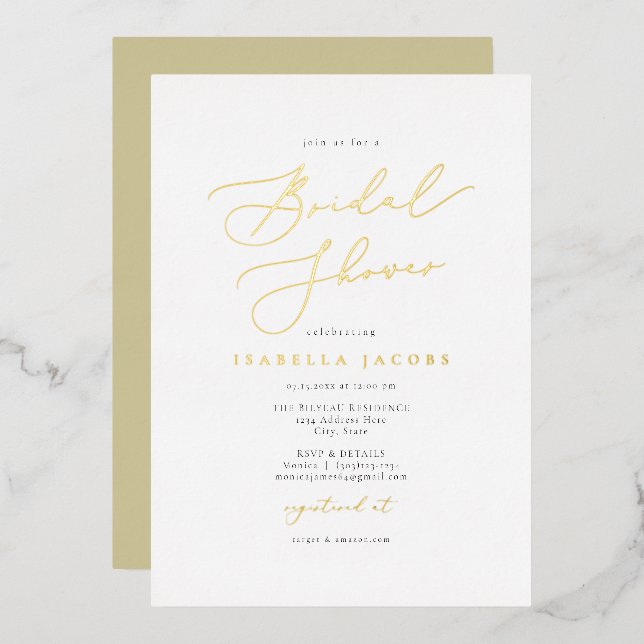 EVELYN Elegant Script Simple Gold Bridal Shower (Front/Back)