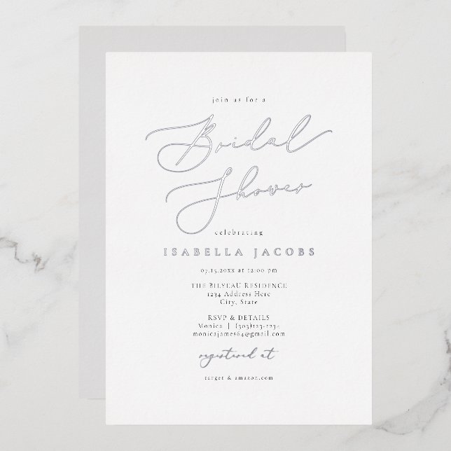 EVELYN Elegant Script Simple Silver Bridal Shower  (Front/Back)