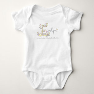 Evelyn girls name meaning E monogram hearts Baby Bodysuit