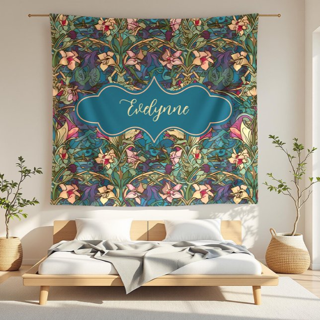 Evelynne Art Nouveau Jewel Toned Floral Fleece Blanket (detail)