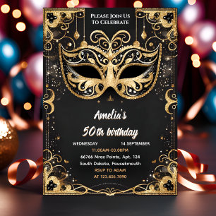 Even Tutu Black Gold Chic Masquerade 50th Birthday Invitation