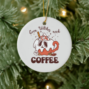 Even Witches Need Coffee – Cute Ghost Ceramic Ornament