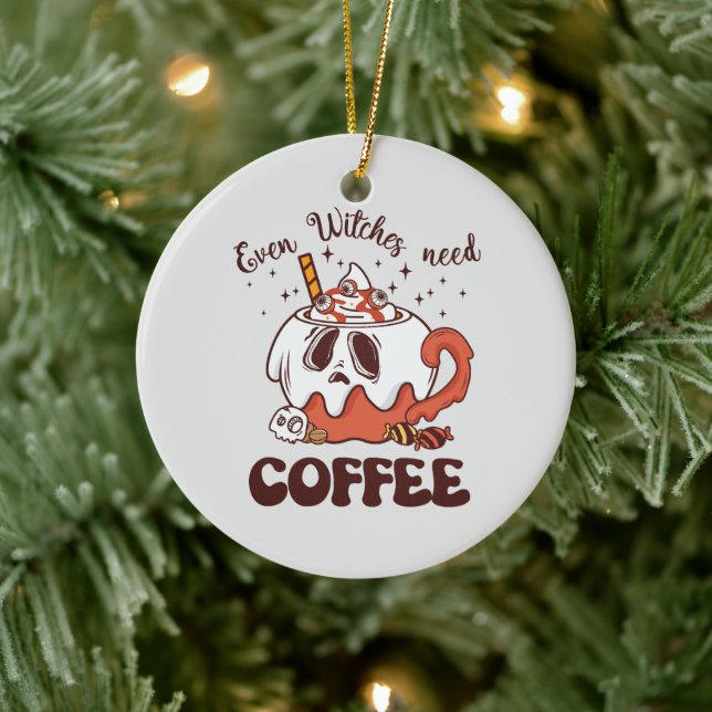 Even Witches Need Coffee – Cute Ghost Ceramic Ornament (Tree)