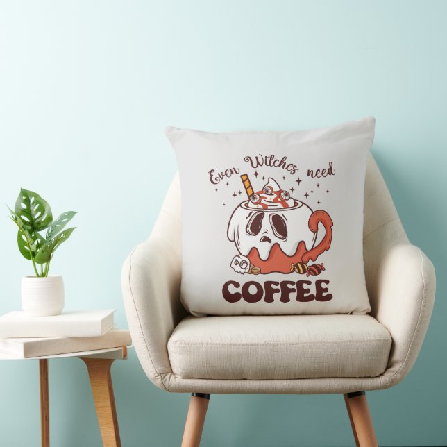 Even Witches Need Coffee – Cute Ghost Cushion (Chair)
