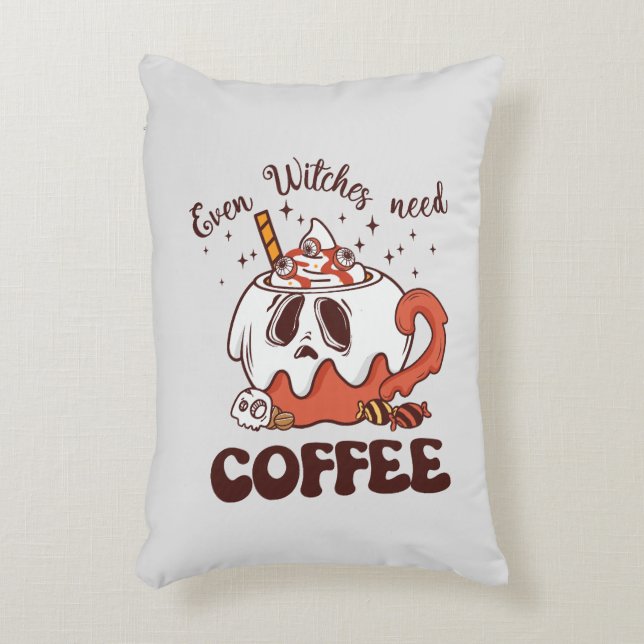Even Witches Need Coffee – Cute Ghost Decorative Cushion (Front(Vertical))