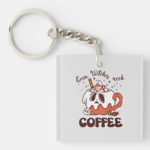 Even Witches Need Coffee – Cute Ghost Key Ring
