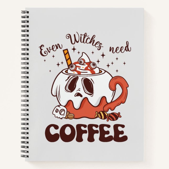 Even Witches Need Coffee – Cute Ghost Notebook (Front)