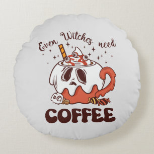 Even Witches Need Coffee – Cute Ghost Round Cushion
