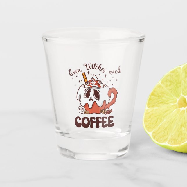 Even Witches Need Coffee – Cute Ghost Shot Glass (Front)