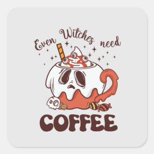 Even Witches Need Coffee – Cute Ghost Square Sticker