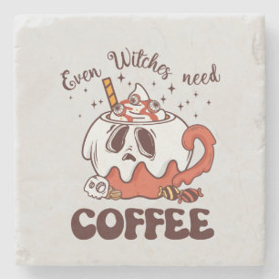 Even Witches Need Coffee – Cute Ghost Stone Coaster