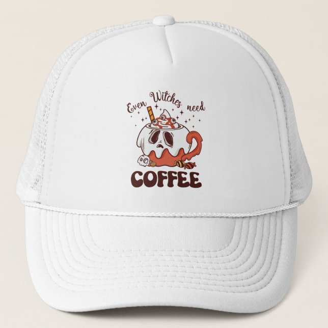 Even Witches Need Coffee – Cute Ghost Trucker Hat (Front)