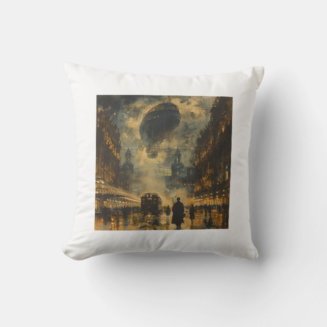 Evening Arrival – A Steampunk Street Scene Cushion (Front)
