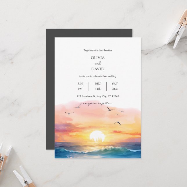 Evening Beach Sunset Scenery Watercolor Wedding Invitation (Front/Back In Situ)