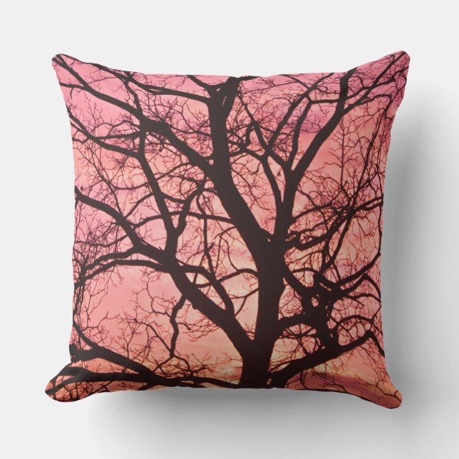 Evening Blush Tree Silhouette Outdoor Cushion (Front)