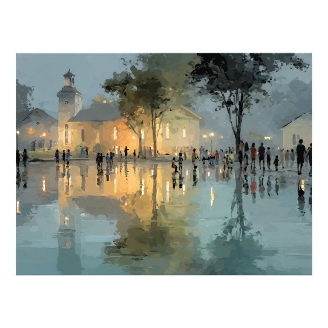 Evening Church Square Rain Reflections Photo Print (Front)