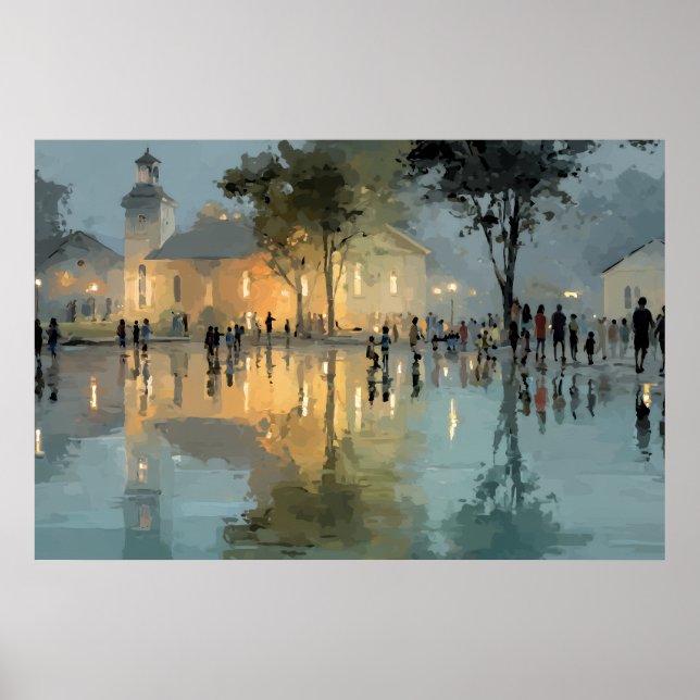 Evening Church Square Rain Reflections Poster (Front)