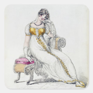 Evening dress or wedding dress, fashion plate from square sticker