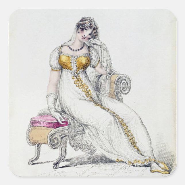Evening dress or wedding dress, fashion plate from square sticker (Front)