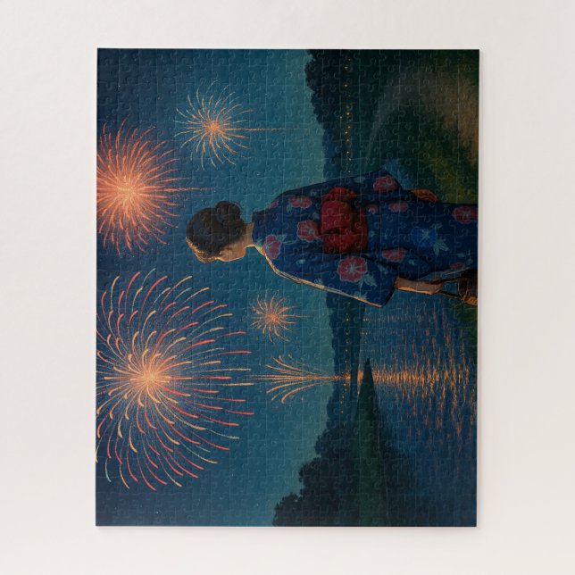 Evening Fireworks and Yukata by the Riverside Jigsaw Puzzle (Vertical)