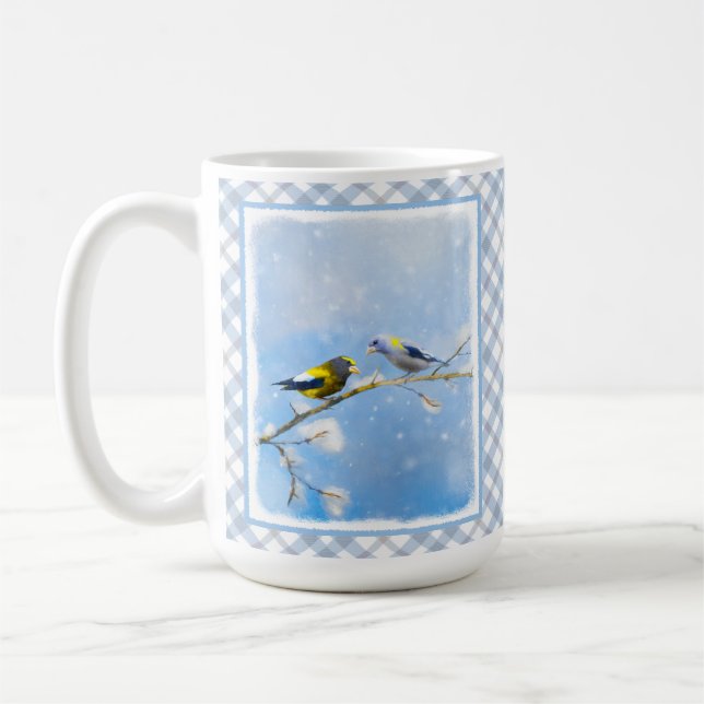 Evening Grosbeak Painting - Cute Original Dog Art Coffee Mug (Left)