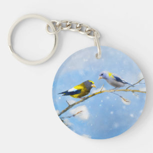 Evening Grosbeak Painting - Cute Original Dog Art Key Ring
