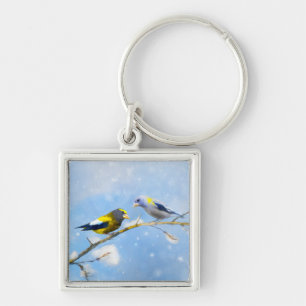 Evening Grosbeak Painting - Cute Original Dog Art Key Ring
