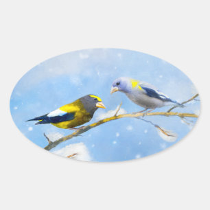 Evening Grosbeak Painting - Cute Original Dog Art Oval Sticker