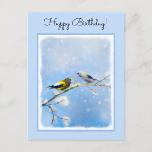 Evening Grosbeak Painting - Cute Original Dog Art Postcard