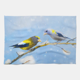 Evening Grosbeak Painting - Cute Original Dog Art Tea Towel