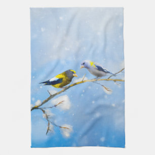 Evening Grosbeak Painting - Cute Original Dog Art Tea Towel