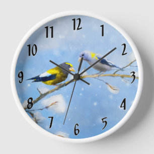 Evening Grosbeak Painting - Original Wild Bird Art Clock