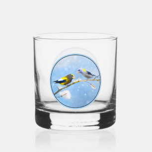 Evening Grosbeak Painting - Original Wild Bird Art Whiskey Glass