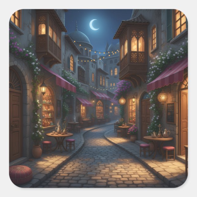 Evening in the Old Quarter Cosy Cobblestone Square Sticker (Front)