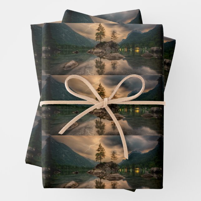 Evening Mountain Lake Photograph Patterned Wrapping Paper Sheet (In situ)