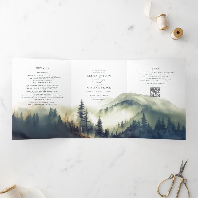 Evening Mountains Mist Panorama Wedding Photo Tri-Fold Invitation (Inside)