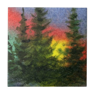 Evening pines in a field with a rainbow sky ceramic tile