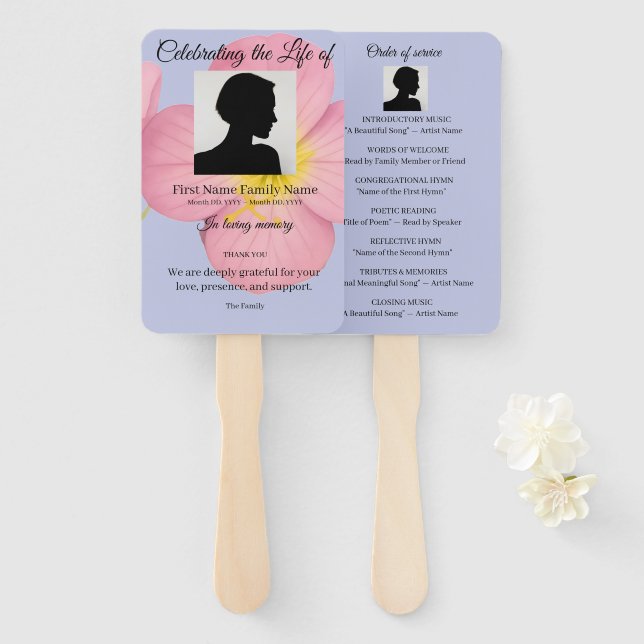Evening primrose order of service hand fan (Front and Back)