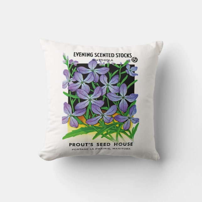 Evening Scented Stocks Flowers Seed Packet Label Cushion (Front)